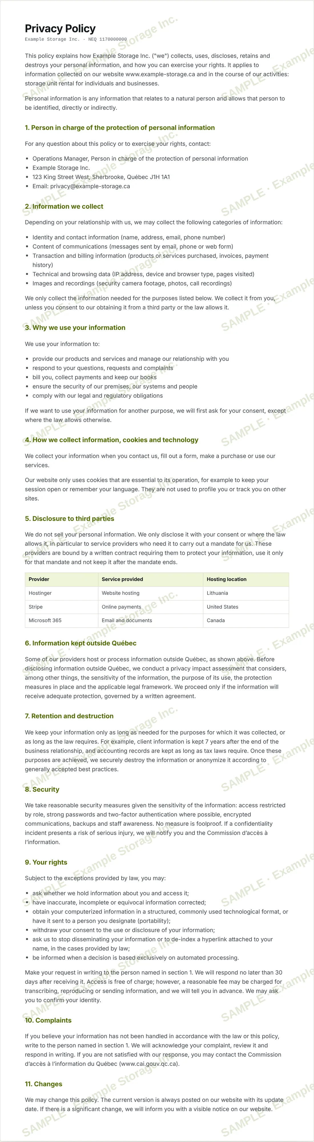 Complete sample of a privacy policy generated by the Law 25 Toolkit for Example Storage Inc., with SAMPLE watermark