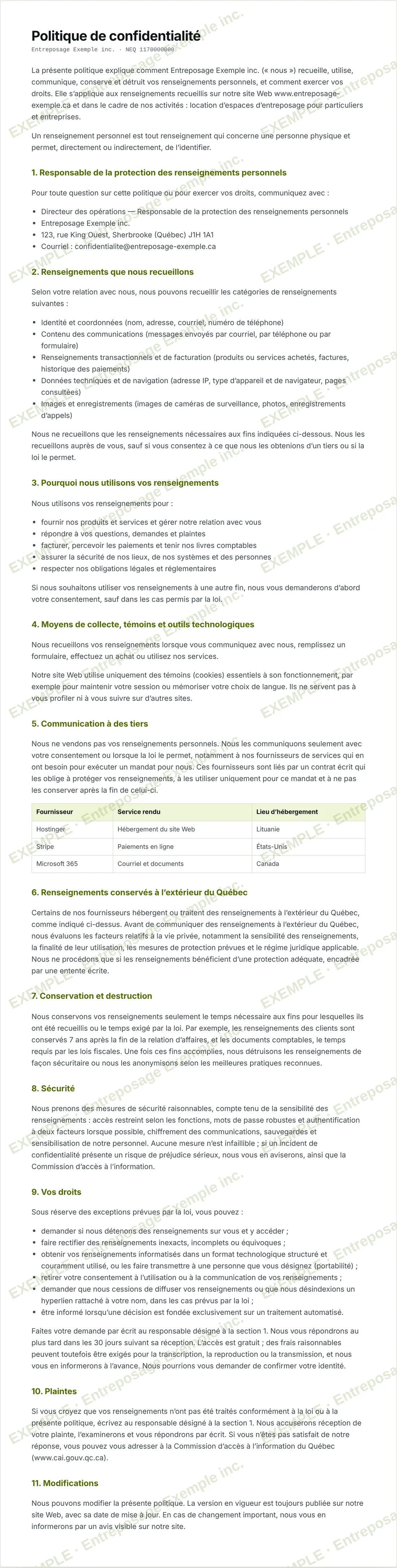 Exemple complet d’une politique de confidentialité générée par la Trousse Loi 25 pour Entreposage Exemple inc., avec filigrane EXEMPLE